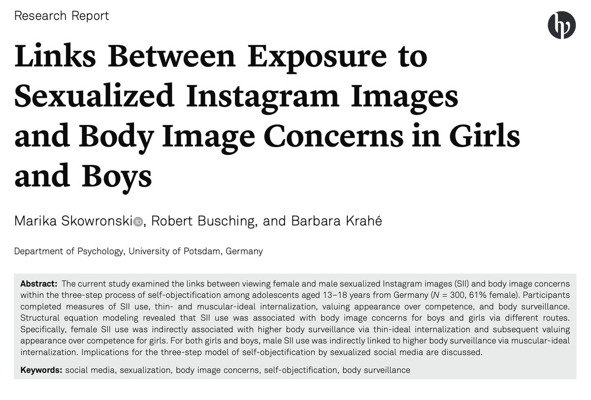 JMP_Hogrefe's tweet photo. Check out this #JMPOpenAccess 2021 paper by Marika Skowronski, Robert Busching, and Barbara Krahé, who tested the links between viewing sexualized images on Instagram with body image concerns among teenagers: https://t.co/057NhiuOjp Keep following us for more #openaccess papers! https://t.co/ifu5xTcsT2