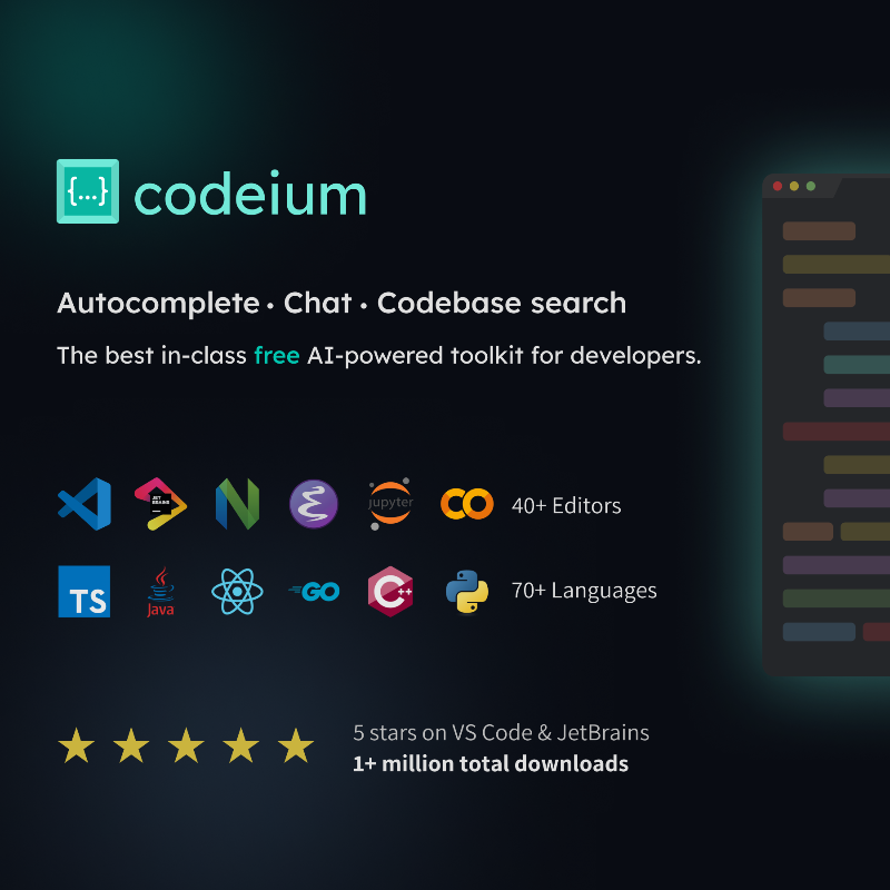WindsurfCurrent's tweet photo. Why are 100k+ developers are switching from GitHub Copilot to Codeium?

- Free, unlimited AI autocomplete. Forever. 🚀
- 70+ IDEs supported &amp; 40+ languages ⚡️
- Codebase awareness and indexing 🧠
- Chat &amp; Search right in your editor

Oh, and did we mention it's free? https://t.co/ibbaXeBm3g