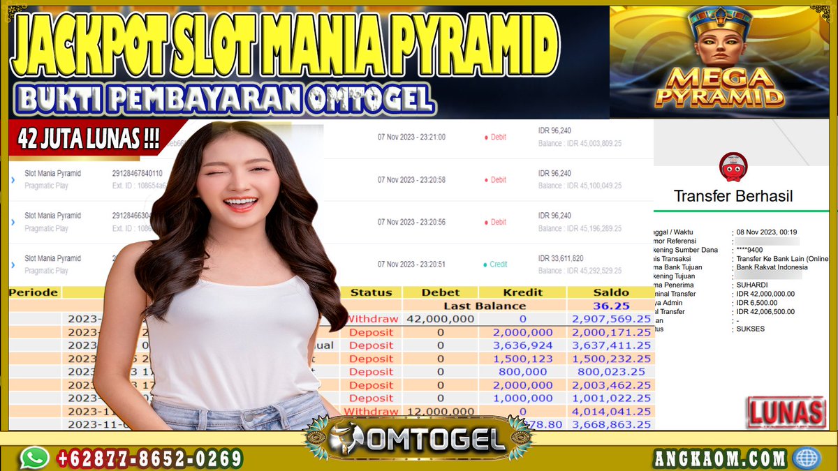 🥳 BUKTI PEMBAYARAN OMTOGEL 🥳

Selamat kepada USERID : USER ID : SAD** TELAH Berhasil Mendapatkan kemenangan Besar nya Pada SLOT PRAGMATICPLAY  DIGAMES  SLOT MANIA PYRAMID
Kemenangan Rp 42,000,000,- +  Telah dibayar Lunas !

#slotgacorhariini #gameslotgacor #slotterbaru #omtogel