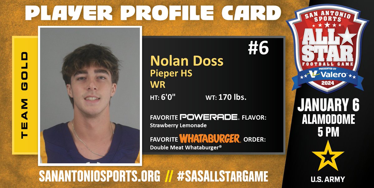 Meet <a href="/nolandosss5/">Nolan Doss</a> from <a href="/FootballPieper/">Pieper Football</a> who will compete in the San Antonio Sports All-Star Football Game pres. by <a href="/ValeroEnergy/">Valero</a> at the Alamodome on Jan. 6 <a href="/usarmysatx/">U.S. Army - San Antonio Recruiting Battalion</a> #SASAllStarGame <a href="/USArmy/">U.S. Army</a> #BeAllYouCanBe <a href="/POWERADE/">POWERADE</a> <a href="/Whataburger/">Whataburger®</a>

<a href="/cisdnews/">Comal ISD</a>
<a href="/PieperWarrior/">Pieper Warrior Athletics</a>
<a href="/pieperhsempire/">Pieper High School Athletics Booster Club</a>