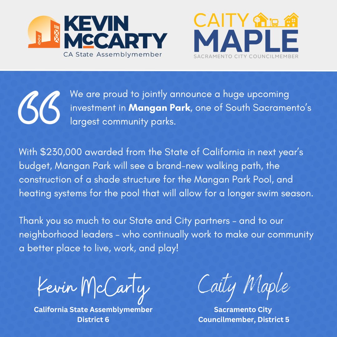 CaityMapleD5's tweet photo. Thrilled to join @AsmKevinMcCarty today in announcing a $230,000 State of California investment in one of #District5's largest parks - Mangan Park serves a huge part of our South Sacramento community, and we can't wait to see the pool and walking path improvements! #ThriveInD5 https://t.co/EMl7NLK67P