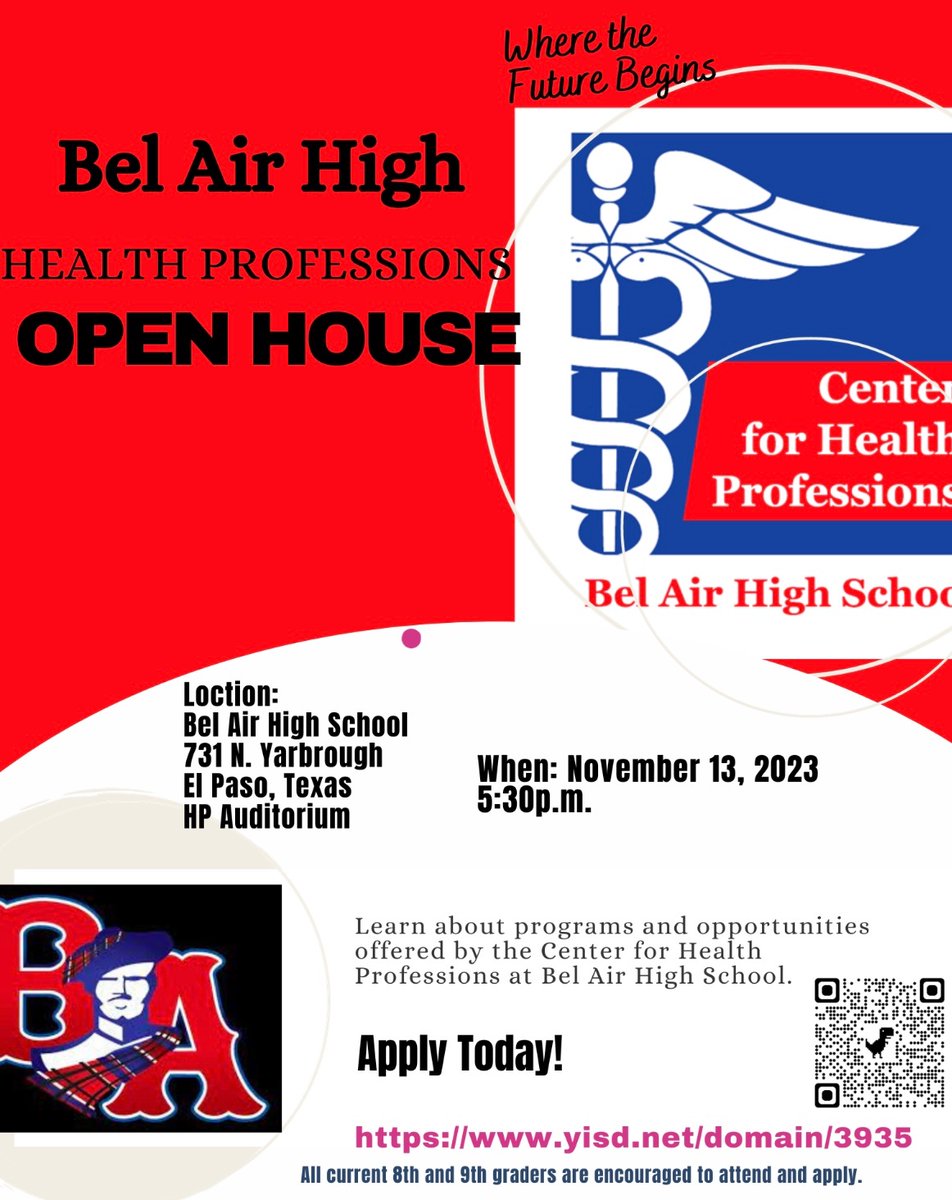 Current 8th and 9th graders come and learn about PCT and the other great health professions programs we have here at Bel Air HS! @BelAirHigh @YsletaISDCTE