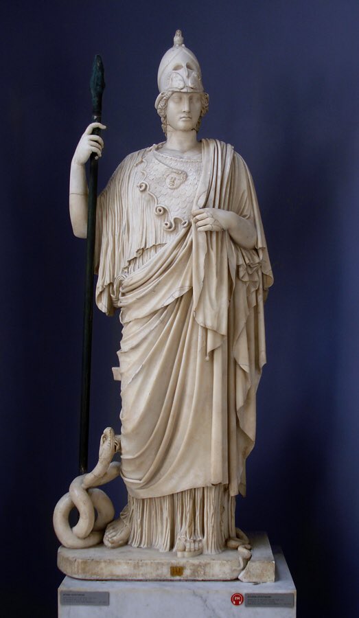 Atenea Giustiniani. Fue encontrado en el templo de Minerva Medica en el monte Esquilino y se supone que es una copia de una estatua de Fidias. Está admirablemente conservada y está esculpido en el más fino mármol de Paros. Museos Vaticanos. 
  #ieda