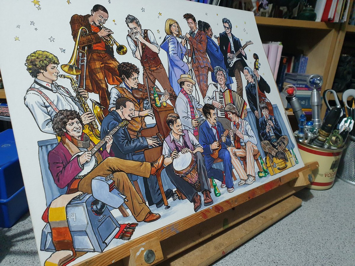 So, I painted a little thing for the Doctor Who 60th Anniversary... I mean who wouldn't get out *all* the musical instruments and celebrate 60 awesome years with a few Gallifreyan ales?? 
#DoctorWho60 
#DoctorWhoFanArt 
#DoctorWho 
#CarolynEdwardsArt