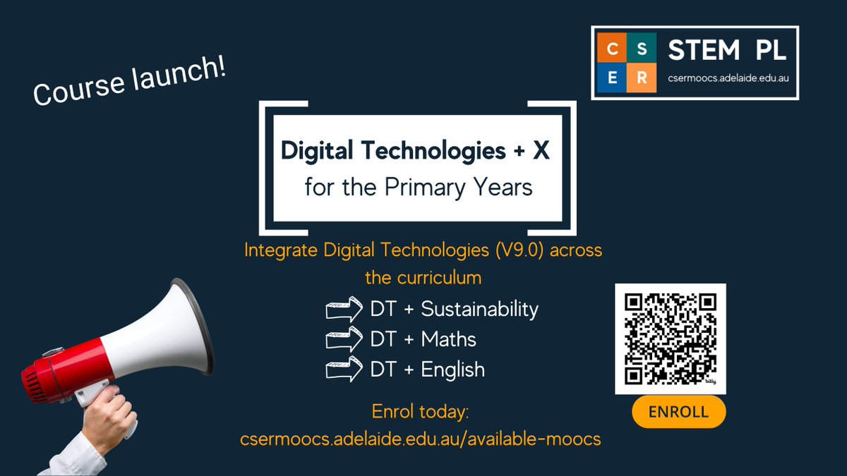 🎉Exciting news!
 
CSER at the <a href="/UniofAdelaide/">Uni of Adelaide</a> has launched "Digital Technologies + X for the Primary Years" thanks to Google Aus &amp; the Aus Gov Department of Education, which funded a brand new Sustainability Module! Enrol free via: csermoocs.adelaide.edu.au/available-moocs
#v9curriculum #csermoocs