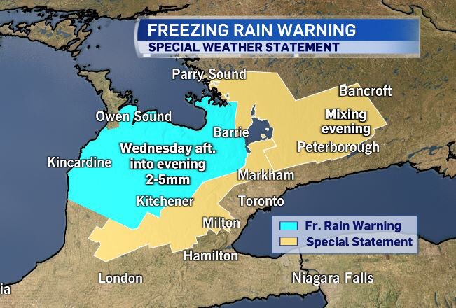 Heads up for your Wednesday afternoon / evening drive — freezing rain, wet snow and ice pellets will all be possible around the GTA. A quick changeover to rain will happen, but some surfaces could become slippery. #onstorm #onwx @CTVToronto