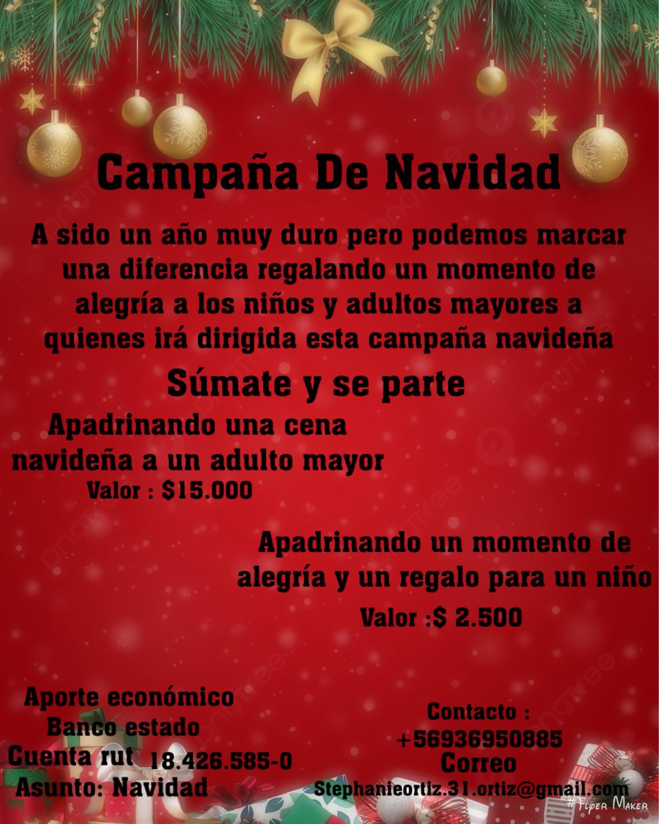 Rt buenas tardes esperando que se encuentren bien se que a sido un año muy duro pero pido de su apoyo ya sea en difundir cómo también aportar esta bella campaña y entregar alegría como cada año que sin el apoyo de ustedes no sería posible 🫶