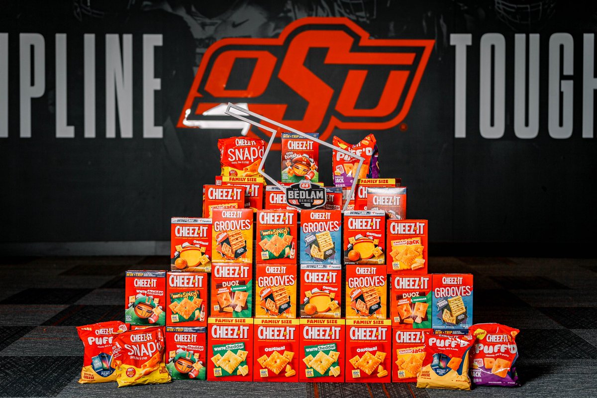 CowboyFB's tweet photo. Who knew a mountain of @cheezit’s would make the Bedlam Trophy look so good. 😏 

Thank you for this @CitrusBowl and #GoPokes 🤠 https://t.co/XUmITcfhgO