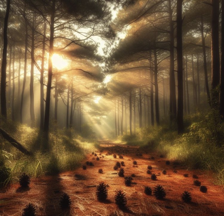 JourneyT0TheSon's tweet image. beauty of the cool windy morning as the sun rays provide warmth dirt path through the pine forest scattered with pine cones appreciation abounds #CoolMorning #SunRays #PineForest 🌬️🌞🌲