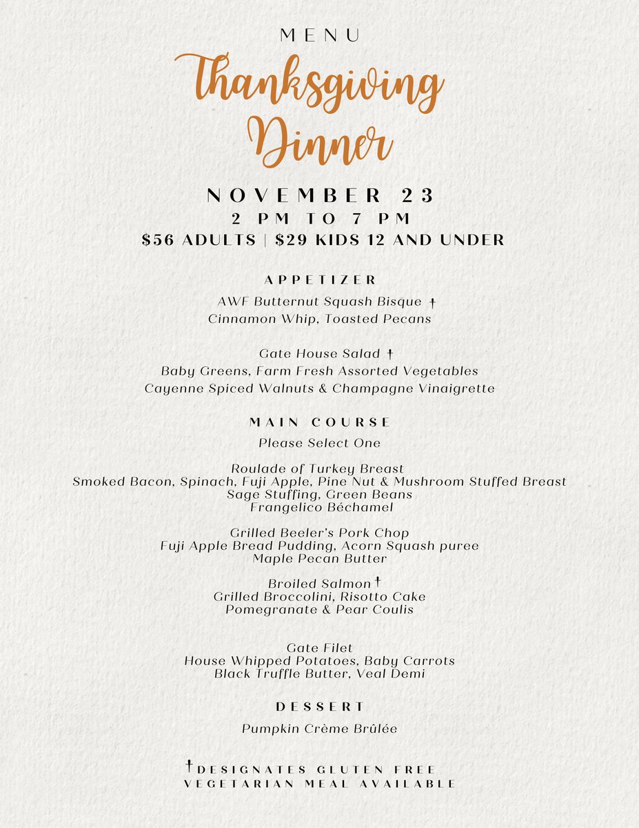 Give thanks and celebrate this Thanksgiving with us at The Gate from 2PM to 7PM🍂

✨$56 per adult
✨$29 kids 12 and under

Reservations available through OpenTable🍁