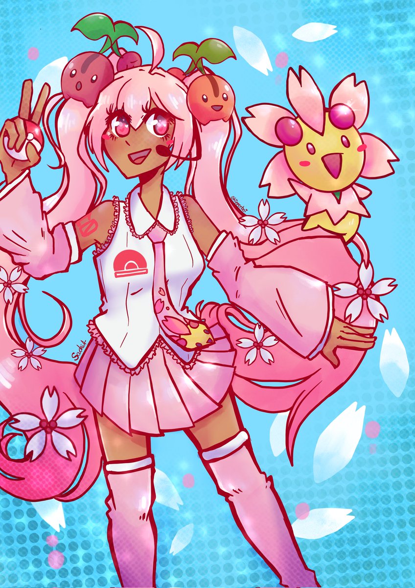 shipperboi's tweet photo. Cherry Blossom Miku but make it Pokemon. 

#Pokemon #HatsuneMiku #cherryblossom #pink #digitalart https://t.co/bxTvTfXwwG