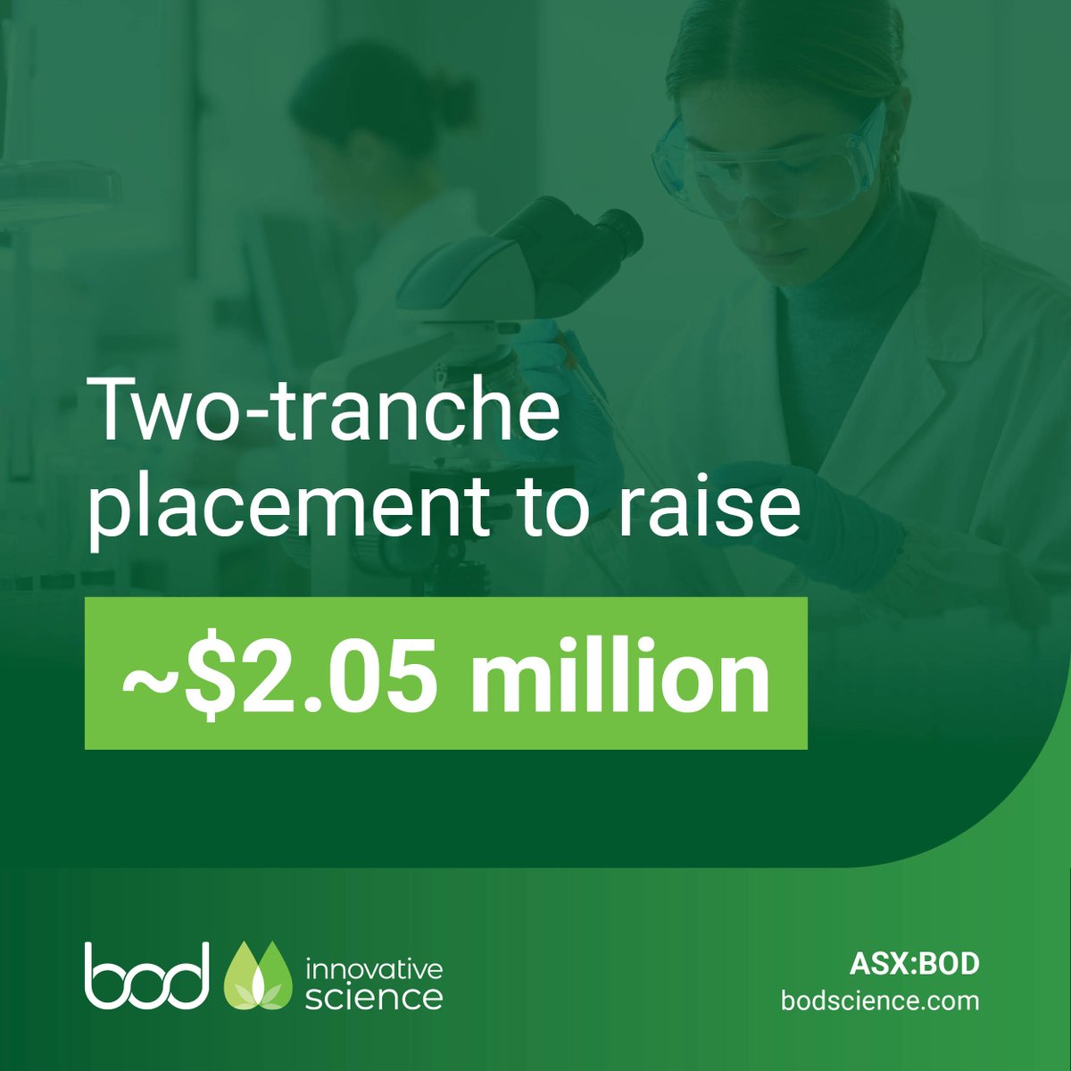 #ASXNews

$BOD.AX is pleased to announce that it has received firm commitments from professional and sophisticated investors for a two-tranche placement of new, fully paid ordinary shares to raise approximately $2.05 million.

loom.ly/DxIdSFo

#BOD #MedicalCannabis #ASX