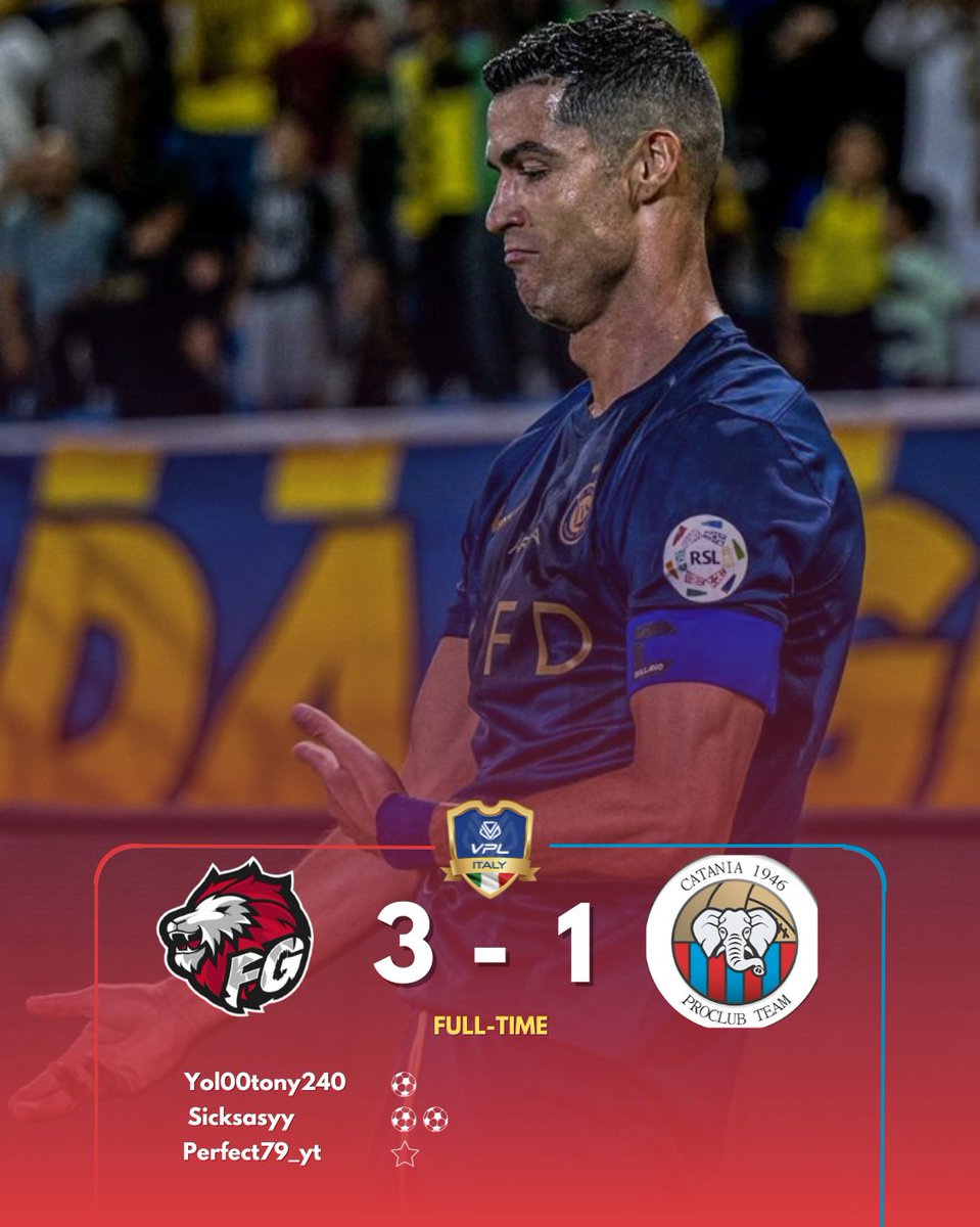 ❤ 𝑭𝑼𝑳𝑳 𝑻𝑰𝑴𝑬 🖤
🏆| <a href="/VPLItaly/">VPL Italy 🇮🇹</a>
🗓| 3° Giornata 
🆚| #procataniaclub
✅| 3️⃣ - 1️⃣

⚽️| @Yol00tony240
⚽️⚽️| @Leo_pepsi_9

👟| @Perfect79_yt
👟| <a href="/AmatiRuben8/">Ruben Amati</a>

⭐| @Perfect79_yt