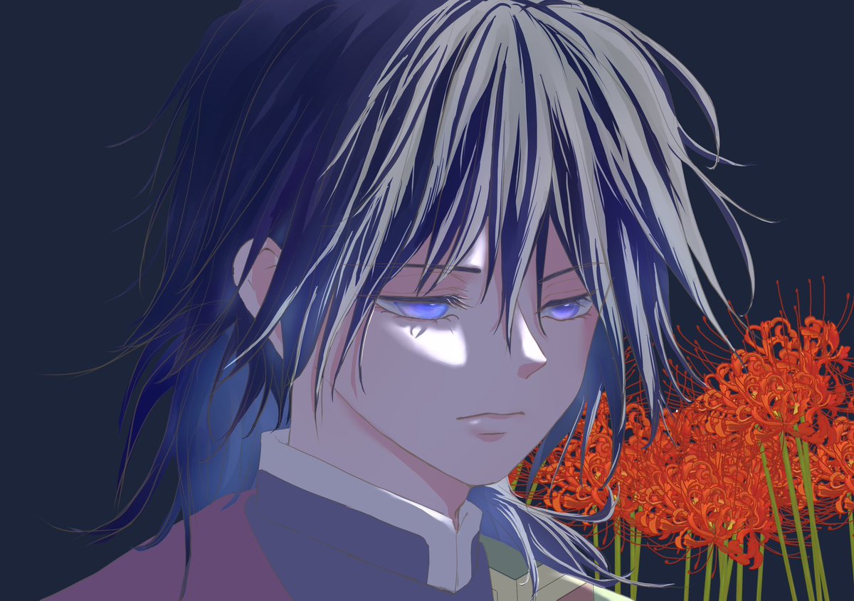 tomioka giyuu 1boy solo male focus flower spider lily demon slayer uniform blue eyes  illustration images