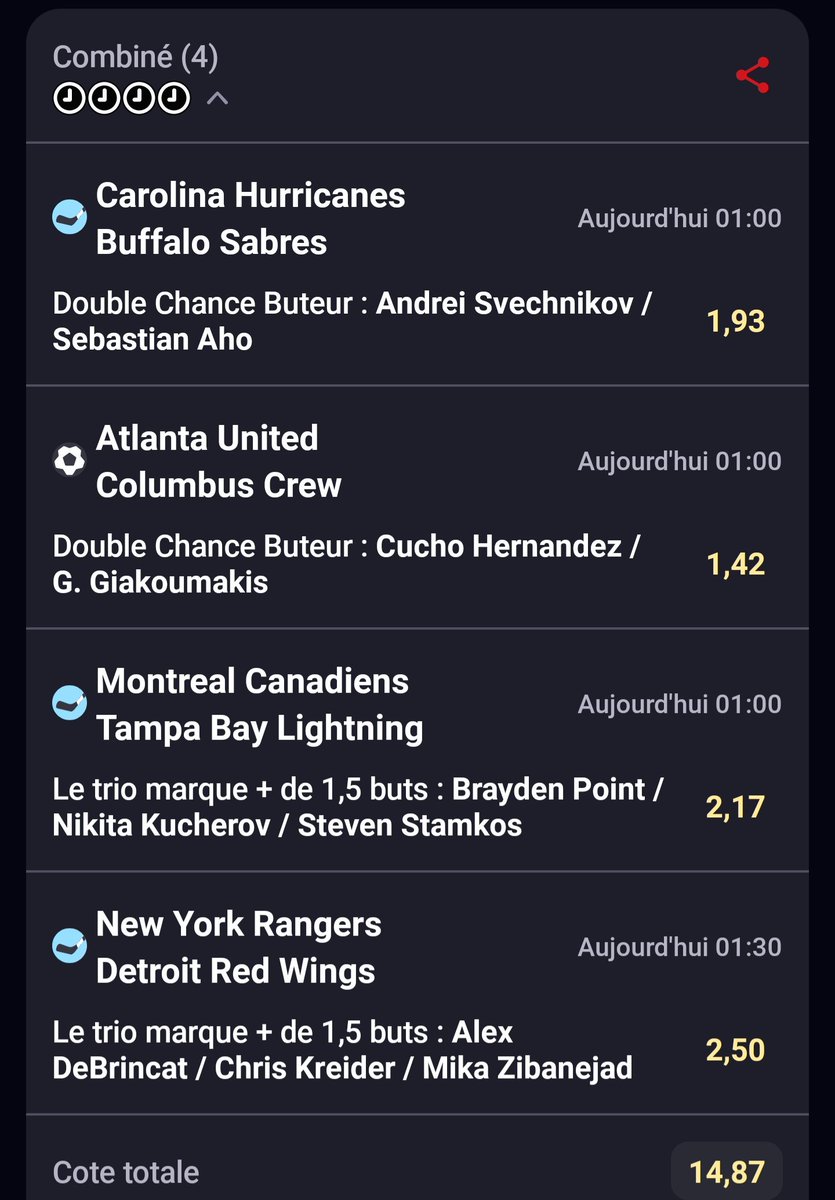 TheKingoftip's tweet photo. Round 3👊 : 

J'ai choisi ces 4 matches dont 3 matches de NHL. 

Je vise les buteurs, c'est un pari un peu FUN donc attention !!! 

Hâte de gagner ensemble ! 
#TeamParieur #TeamParieurs https://t.co/vc5esH5Xk9