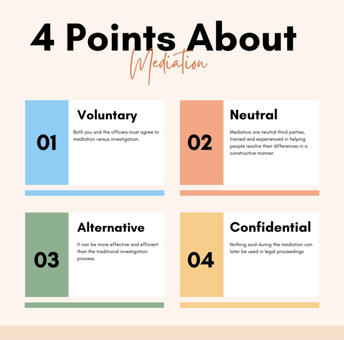 SF_DPA's tweet photo. 4 Things you should know about our Mediation Program‼️
1️⃣- It’s Voluntary
2️⃣- Mediators are neutral 3rd parties
3️⃣- It is an effective alternative to investigations
4️⃣- Everything is confidential and cannot be used in legal proceedings
#Mediation #CivilianOversight #SFDPA https://t.co/96wjGSplgu