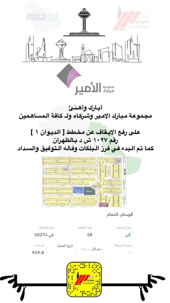 أبارك وأهنئ 
مجموعة مبارك الامير وشركاه ولـ كافة المساهمين

على رفع الايقاف عن مخطط [ الديوان ١ ]
رقم ١٠٢٧ ش د بالظهران 
كما تم البدء في فرز البلكات وفاله التوفيق والسداد