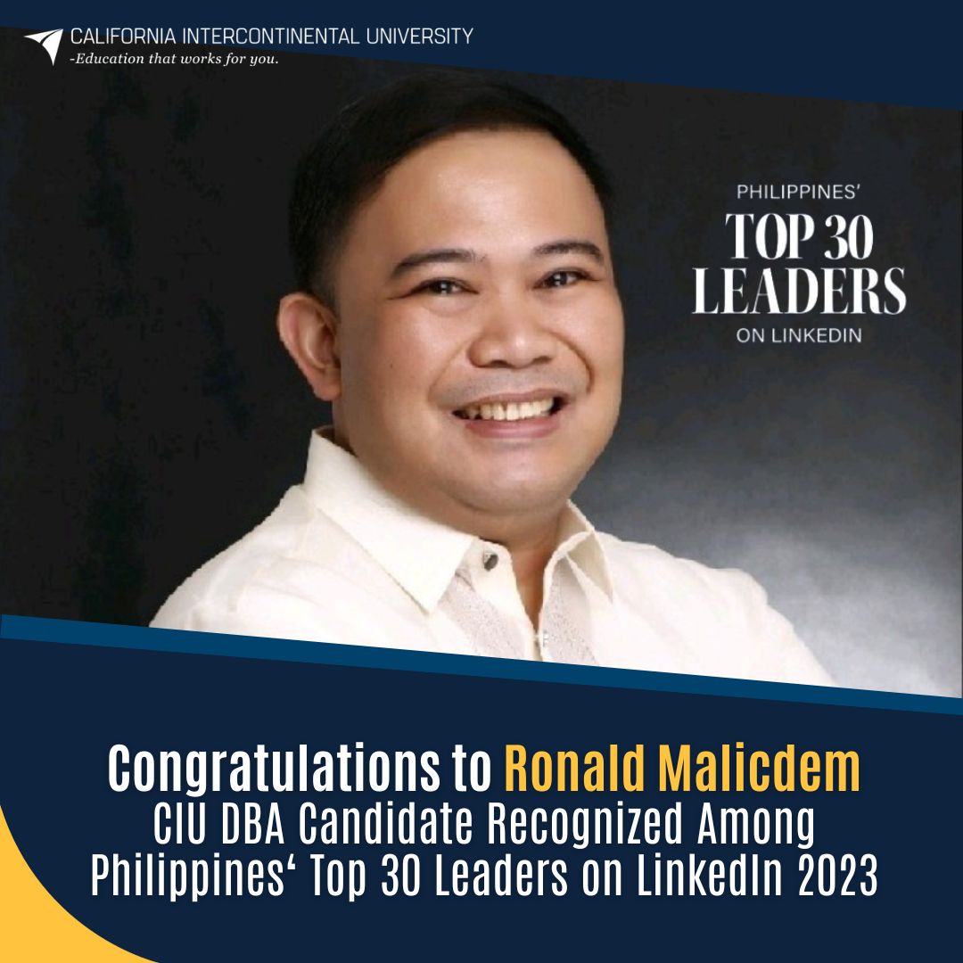 Exciting news! 🎉 

DBA student Ronald Malicdem has been named one of Philippines' Top 30 Leaders on LinkedIn 2023! 🏆  Let's celebrate his success and keep inspiring a future of excellence! 🌍✨   #CIUCommunity #LinkedInTop30 #CelebrateExcellence 🇵🇭✨