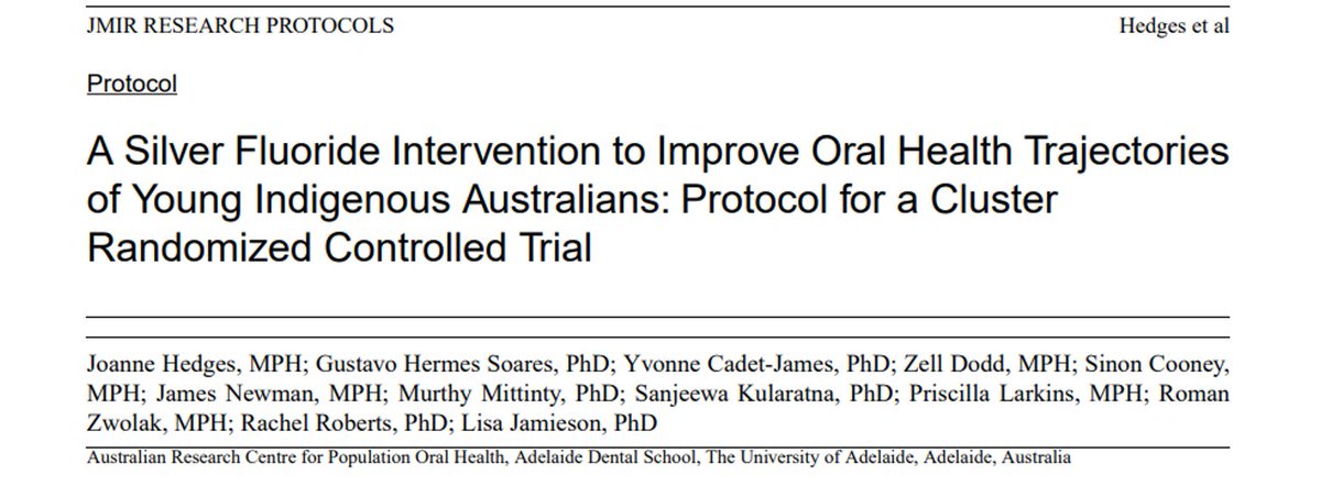 Check out the protocol of the Silver Fluoride Trial <a href="/ARCPOH/">ARCPOH</a> IOHU is conducting with Aboriginal and Torres Strait Islander youth ✊🏾
researchprotocols.org/2023/1/e48558