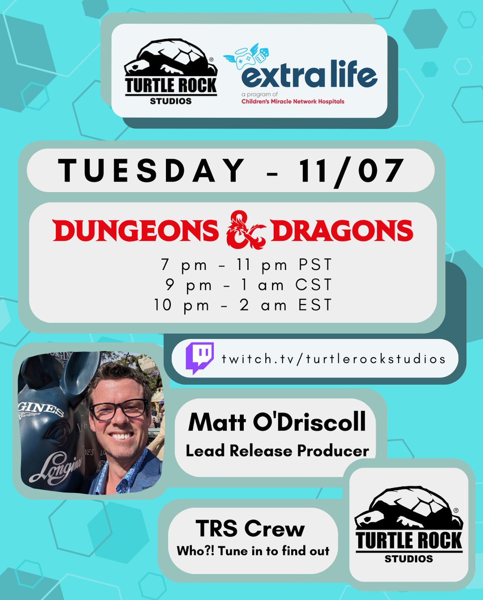 Dungeons &amp; Dragons with <a href="/OddsOnOD/">O'D</a> happening tonight! Day Two of gaming for charity starts at 7pm PST.
twitch.tv/turtlerockstud…
#TRSdevlife #extralife