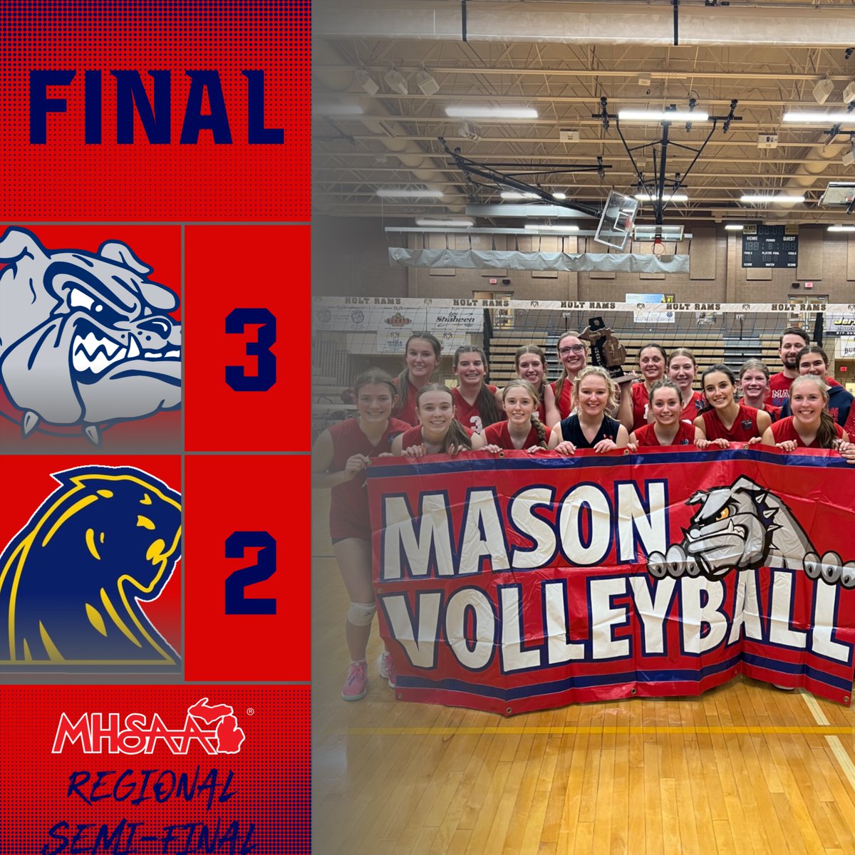 Mason_Bulldogs's tweet photo. Mason wins a hard fought 5 setter against a tough DeWitt team! Bulldogs will play in the regional final @ Grand Ledge on Thursday at 5:30 PM. Go Dawgs! https://t.co/BUinO8wQi8