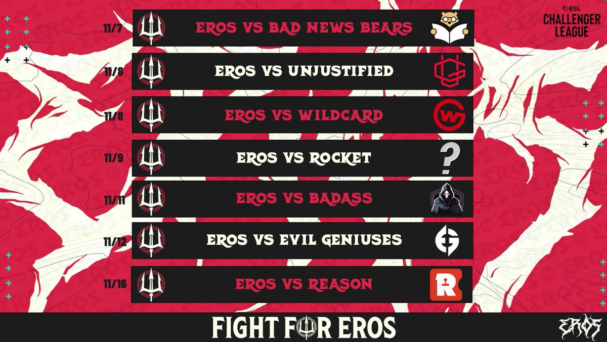 Eros WHITE  ECL SCHEDULE

Currently sitting at 3-1 on the season, can we make the playoffs?

#FightForEros | <a href="/ErosCSGO/">Eros CSGO</a>