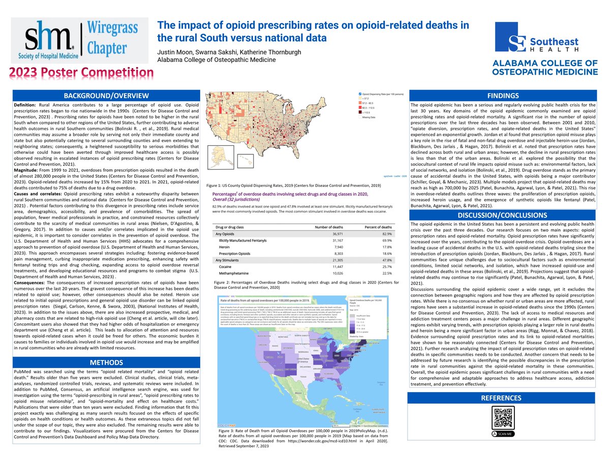 Our poster dives into the impact of opioid prescribing rates on opioid-related deaths in the rural South vs. national trends. Get ready for some eye-opening insights! #OpioidCrisis #RuralHealth <a href="/SocietyHospMed/">Society of Hospital Medicine</a> <a href="/ACOMEDU/">ACOM</a> #shmWiregrass #ACOMposterday #WGPHR