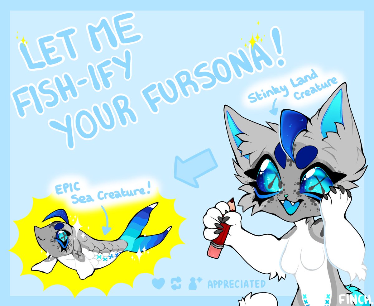 FinchleyFace's tweet image. ✨Want your Fursona turned into a Fishy-Creature?✨

Post a SFW ref in the comments for the chance to get a Fishy version of your Fursona! Will post a full ✨Fish Tank✨version of everyone I draw when finished!

Likes, RT’s and follows not necessary but appreciated 💕💕