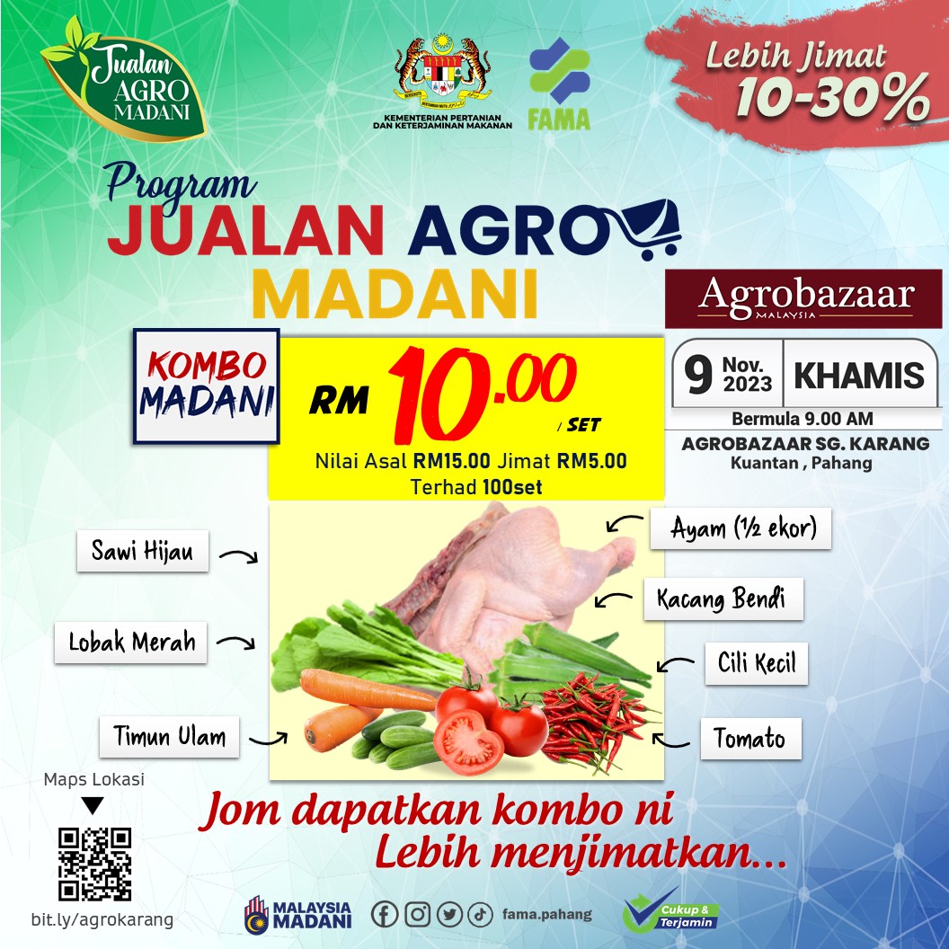 WARGA SG. KARANG. JOM BERJIMAT DI JUALAN AGRO MADANI

Tempat : Agrobazaar Sg Karang, Kuantan.
9.11.2023 | Khamis
Bermula 9.00 pagi.

Maps: bit.ly/agrokarang