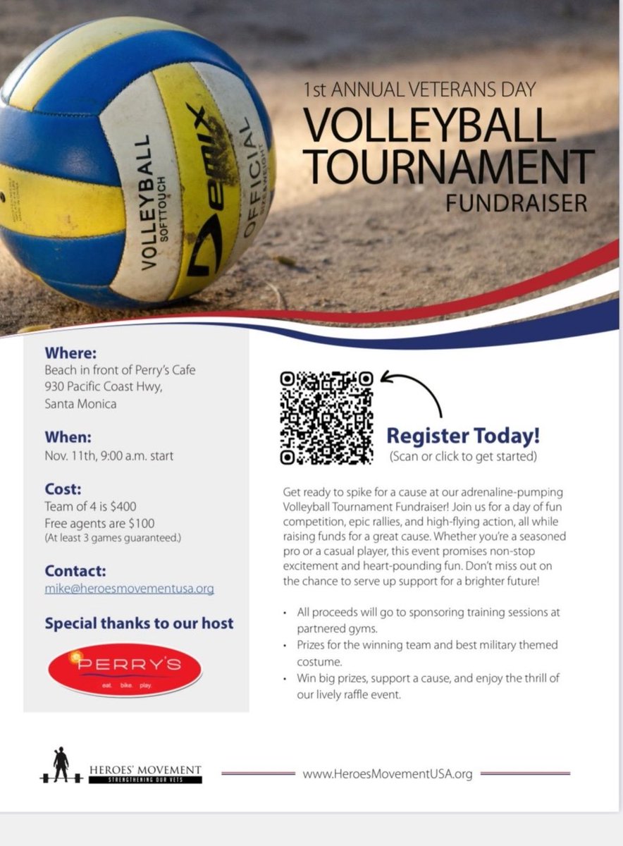 #SSDLNews: Saturday, November 11th at 9am: Veterans Day Beach Volleyball Tournament, benefitting Heroes’ Movement. At Perry’s Beachside on Santa Monica Beach just south of the Jonathan Club. Funds raised go for returning veterans with private group training & gym memberships.