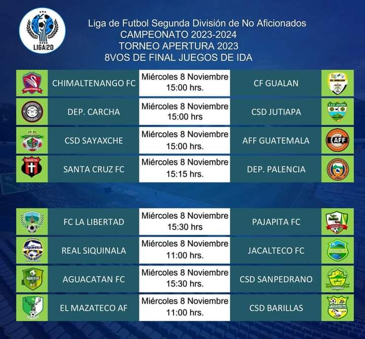 #SegundaGt | Programación oficial 8vos de Final del #Aper