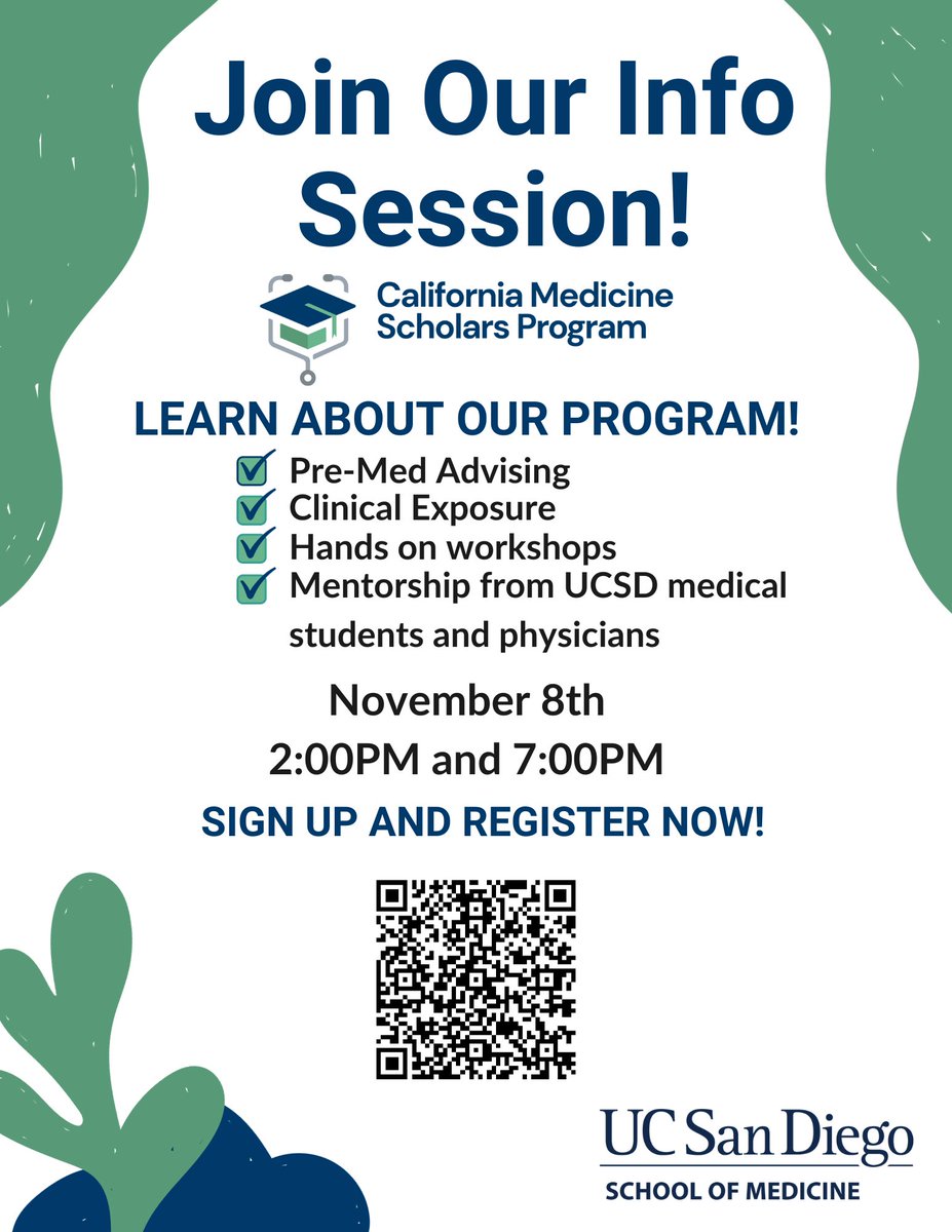Info sessions TOMORROW at 2PM & 7PM! 

Current community college students in #SanDiego and #ImperialValley who are interested in going to medical school, sign-up to learn more about the CMSP pathway program by using the QR code! 

To learn more, visit: cmsp.ucsd.edu