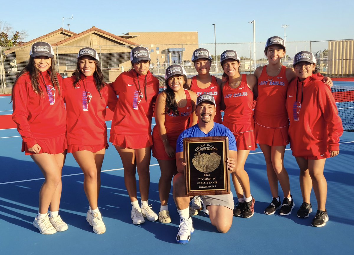 CifCentral's tweet photo. Congratulations to Firebaugh, a 7-2 winner over Chavez for the Division IV girls team tennis title. The Eagles had a little fun with celebration pics! 👏🎾📷😄 https://t.co/aEaQggGwUR