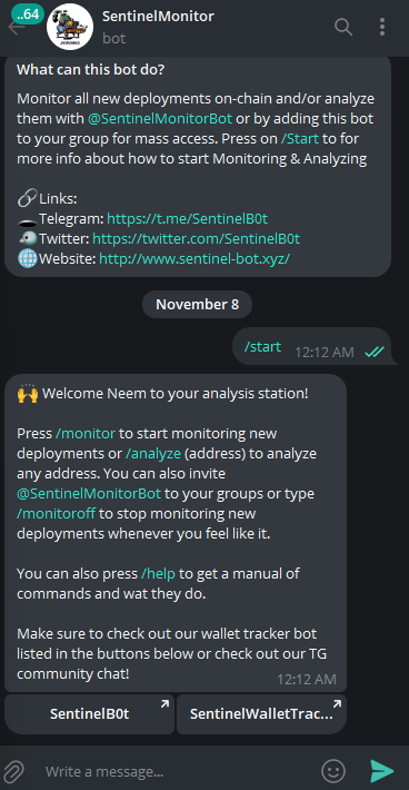 <a href="/SentinelB0t/">Sentinel Bot 🤖</a> 

Tech works?

Monitor and Wallet tracker via TG

116k Still a degen 

0x801010Ab3deA1a5555e5d59b89897193E0065f26