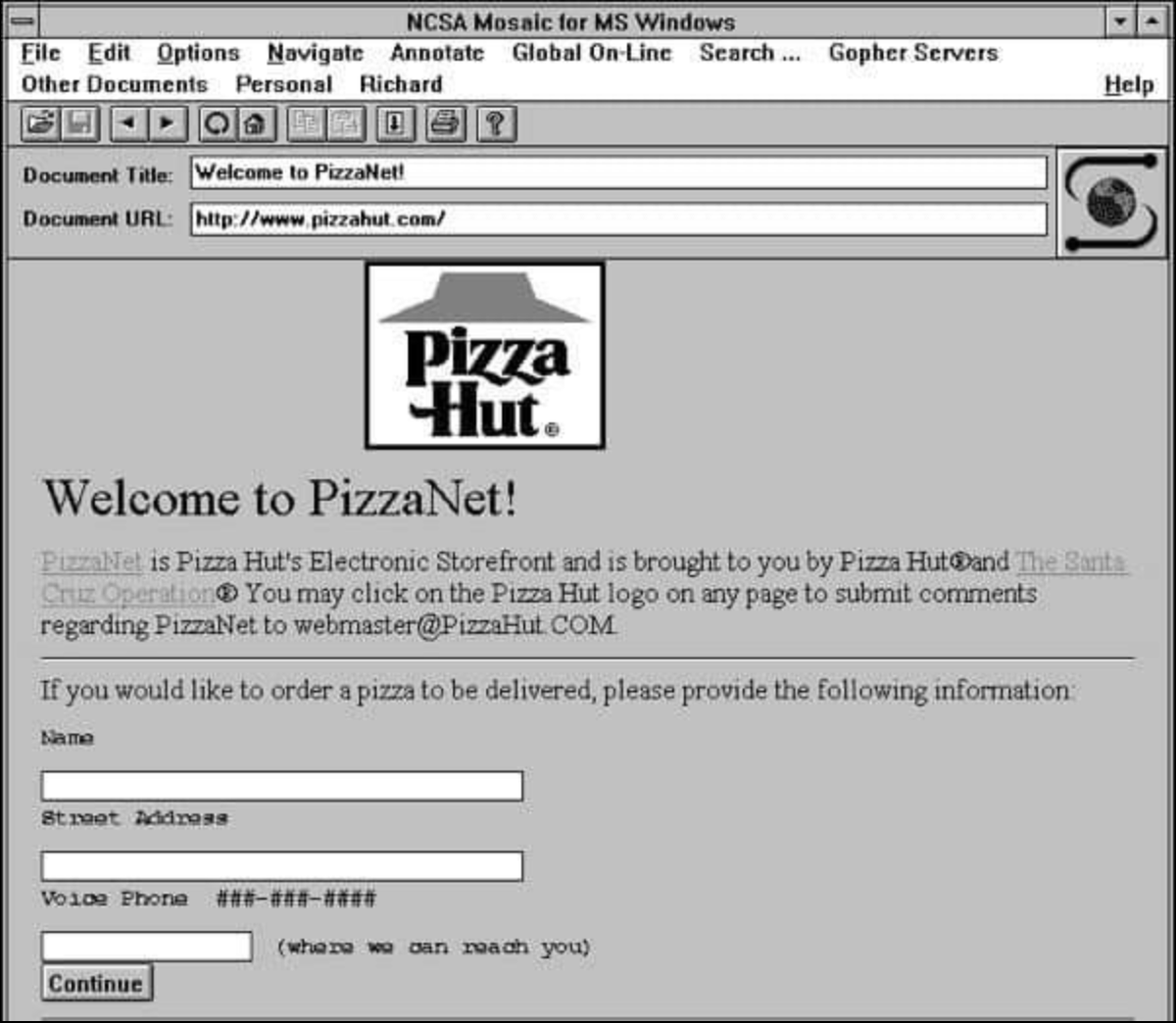 FadalouN's tweet photo. PizzaNet (Santa Cruz, 1994).
The first thing you could order online was pizza from a Pizza Hut branch in Santa Cruz.
#PizzaNet #PizzaHut #SantaCruz #90s https://t.co/SeXPmYpPjO