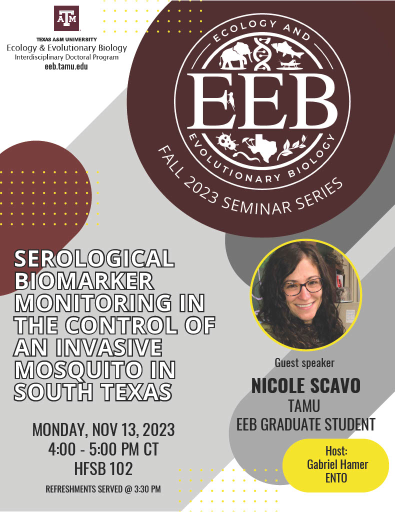 EEB Fall Seminar Series presents graduate student Nicole Scavo on Monday 11/13. Nicole's talk title is 'Serological biomarker monitoring in the control of an invasive mosquito in South Texas.' This seminar is hosted by @hamer_lab
