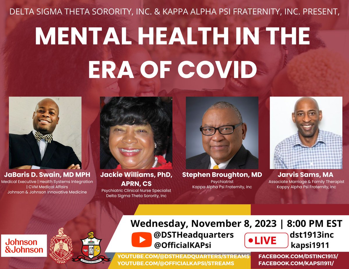 Please join Delta Sigma Theta Sorority, Incorporated and Kappa Alpha Psi Fraternity, Incorporated tomorrow night at 8:00 pm EDT as we discuss Mental Health in the Era of COVID-19. Let's Talk Mental Health!

#DST1913 #WellnessWednesdayxDST