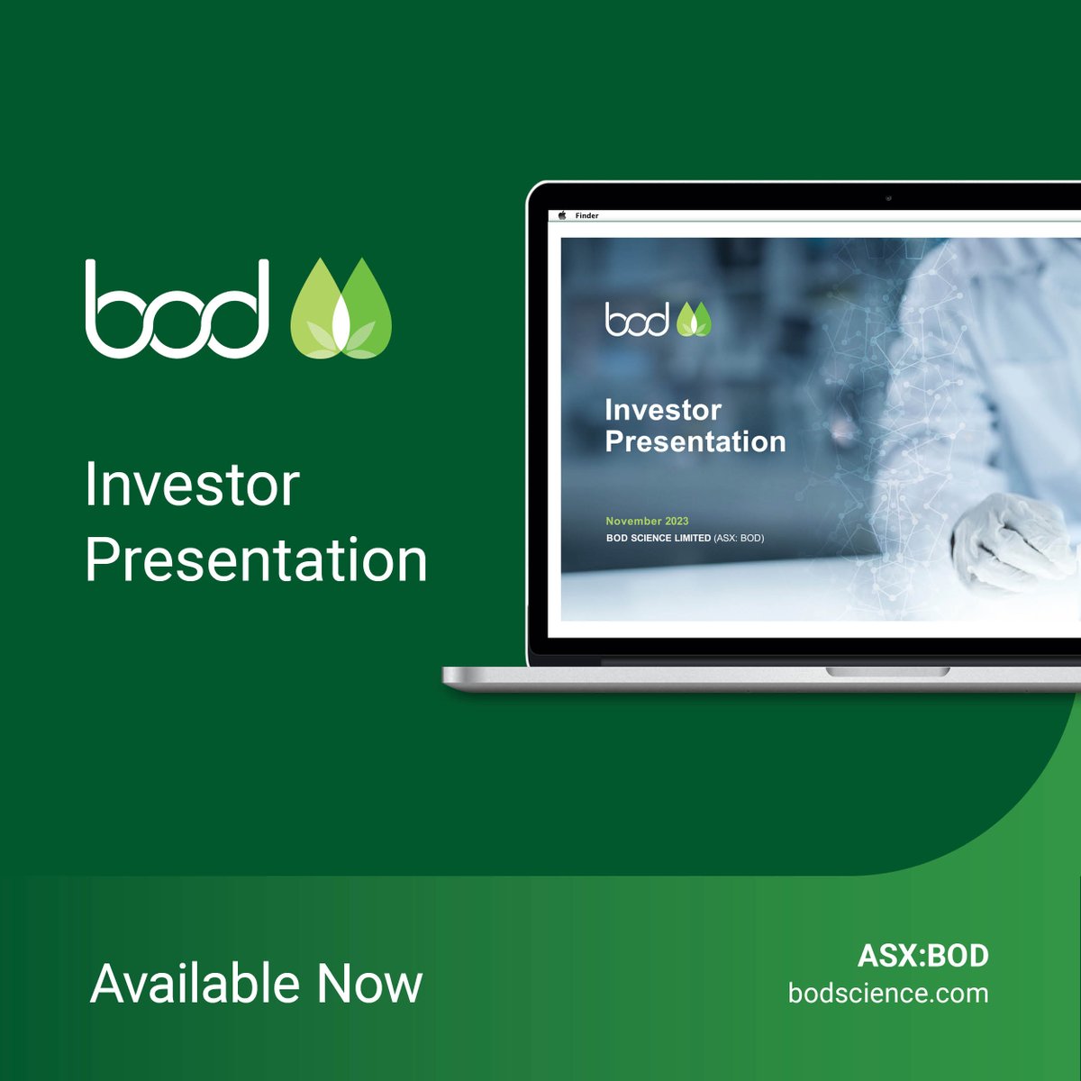 #ASXNews

$BOD.AX is pleased to release its updated Investor presentation.

View the presentation here: loom.ly/rPbbTGA

#BOD #BodScience #MedicalCannabis #ASX