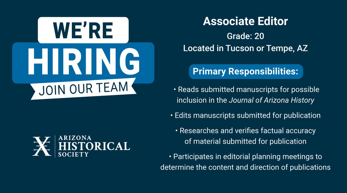 AZHistSociety's tweet photo. We're hiring! Do you have skills writing, editing, and proofreading, and have a love of AZ history? Apply for our Associate Editor position today!
https://t.co/DUmXG6M30Q https://t.co/sqq8U53Kfk