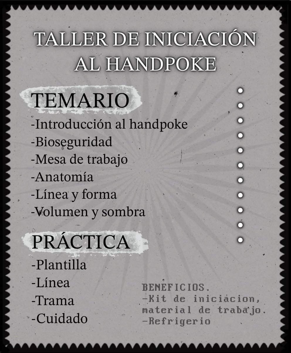 🌟🌟 Hola holaa 🌟🌟
Salamero handpoke y yo decidimos juntarnos para realizar este taller dedicado a la iniciación en el handpoke. Tenemos pocos cupos así que corran a separar el suyo si les interesa!! 
Si están interesados o tienen alguna duda escríbanme un DM. 
#Manizales