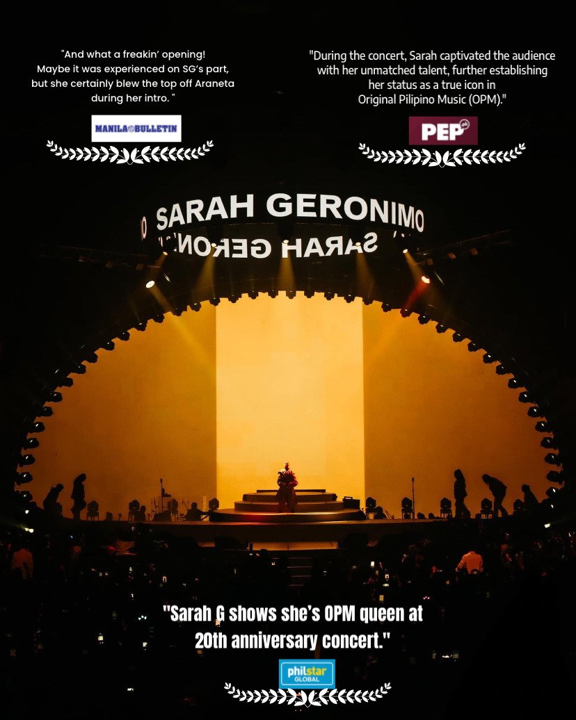 Some notable reviews for SARAH GERONIMO : THE 20th ANNIVERSARY CONCERT from Manila Bulletin, PEPph and Philstar Global. #SG20 streaming on Viva One Plus this November 15.