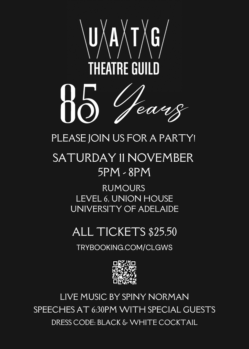 PARTY TIME! 
This Saturday, all theatre fans in Adelaide are invited as the Guild celebrates 85 years of quality. 
Cocktail party, 5pm 11/11, with live music, prizes, food, cake, memories &amp; lots of fun. 
Tix from trybooking.com/CLGWS
Love to see you there!