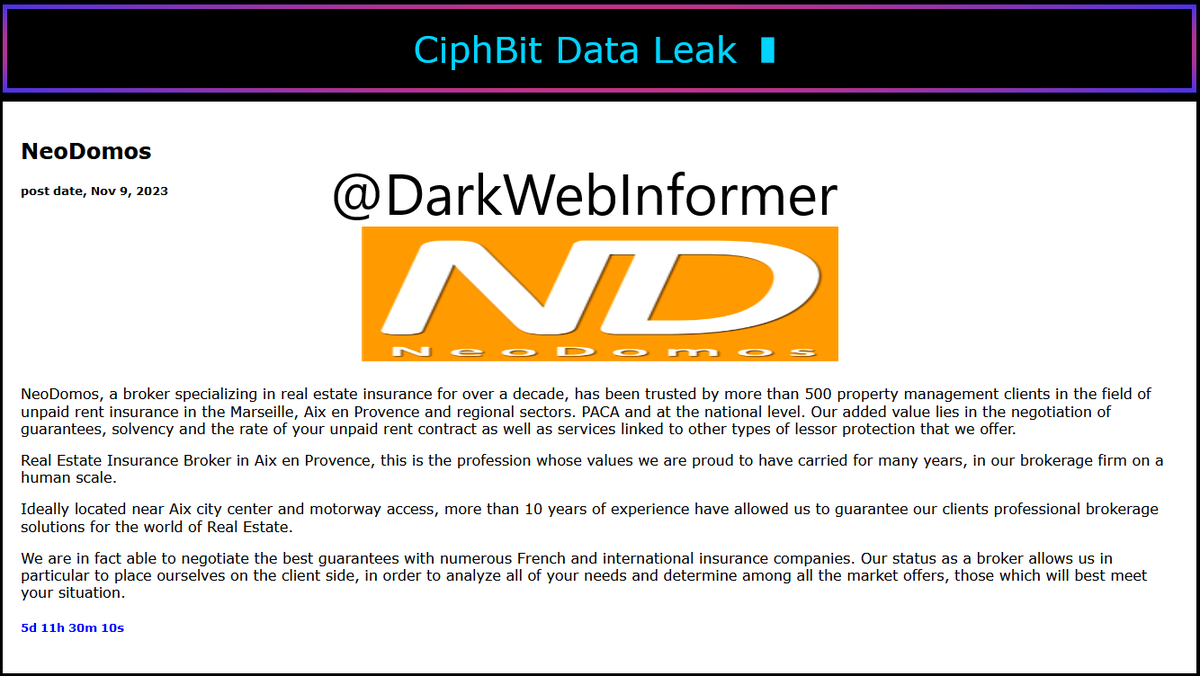 DarkWebInformer's tweet image. Threat Actor: CiphBit
Ransomware Victim: NeoDomos
Date: 2023-11-08
Note: Allegedly, #CiphBit has named #NeoDomos as a victim. #Ransomware #StopRansomware #DarkWeb #DarkWebInformer #Leaks #Leaked #Cyberattack