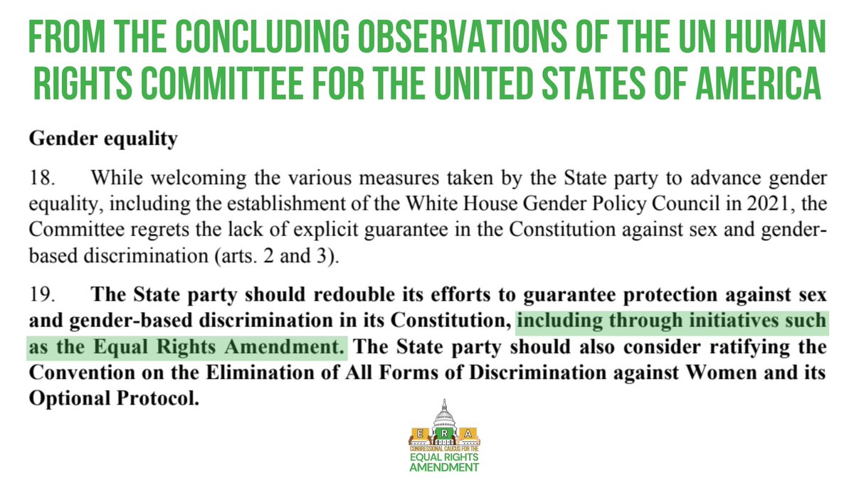 ERACaucus's tweet photo. The United Nations Human Rights Committee cited the #EqualRightsAmendment as a central key to addressing gender inequity in its recommendations for the U.S.

It's past time we cement constitutional gender equality for all people. That's why we're working to enshrine the ERA. https://t.co/lu72HBVGlh