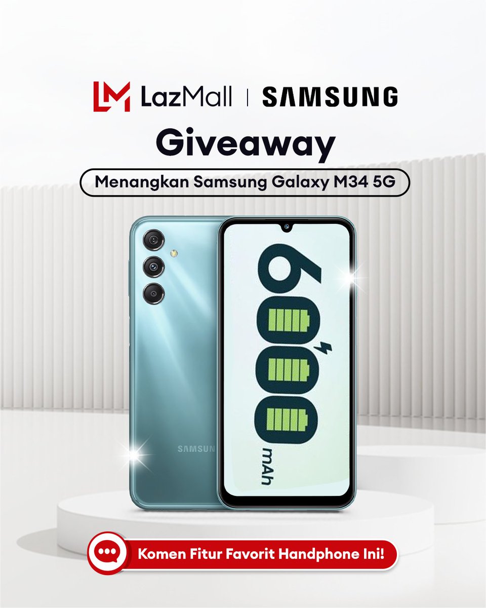 ✨GIVEAWAY ALERT✨

MAU SAMSUNG GALAXY M34 5G GRATIS BUAT NGONTEN?   

1. Follow <a href="/LazadaID/">Lazada</a> &amp; tag 3 teman  
2. RT, Like &amp; klik link: lzd.co/3MxkKgH
3. Komen fitur favorit + kenapa harus menang pake hashtag #LazadaGiveaway #GalaxyM34 5G #GakAdaMatinya sebanyak-banyaknya~