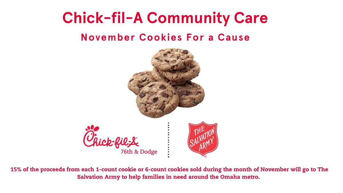 salarmyomaha's tweet photo. Throughout November, YOU can help people in need when you purchase a 1-count or 6-count of cookies at @ChickfilA's 76th & Dodge location in Omaha. 15% of the proceeds of cookies sold at this location will be donated to @salarmyomaha #CookiesForACause https://t.co/N62ojF3DoI