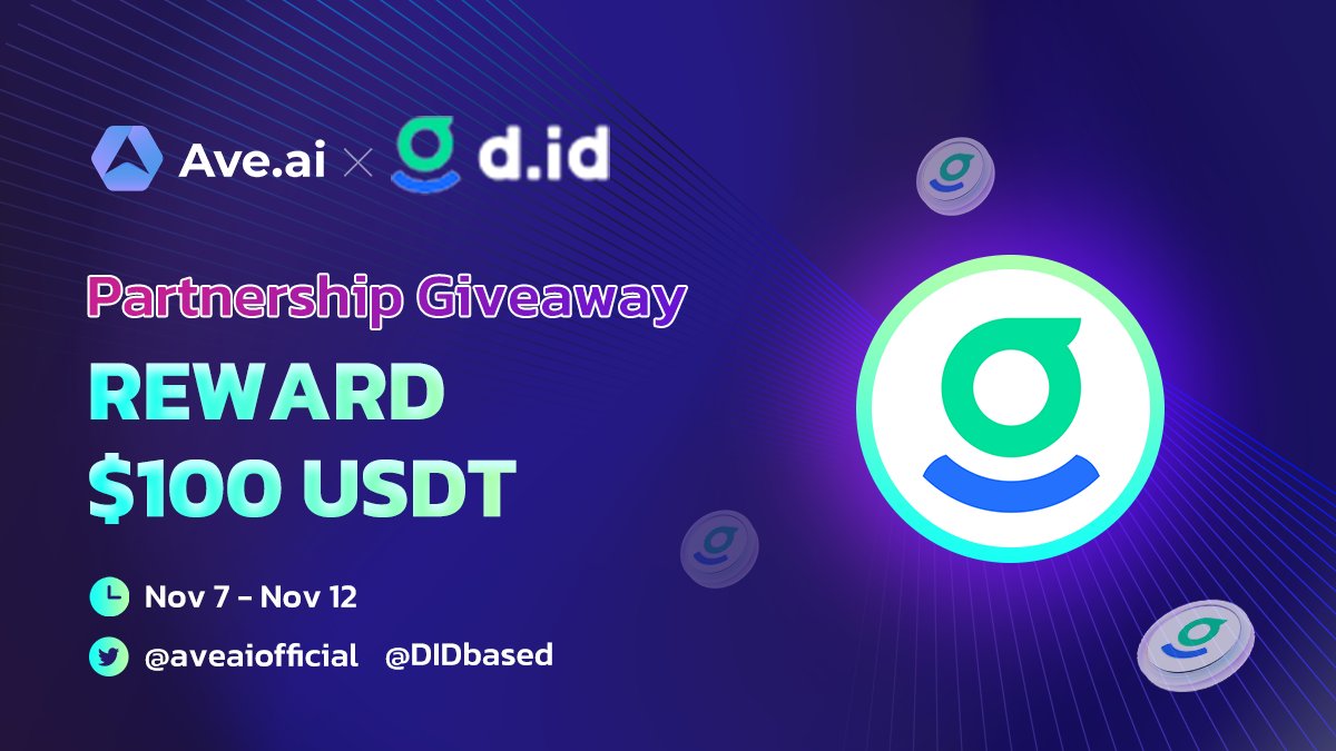 📈Ave.ai X @DIDbased Airdrop To celebrate our partnership we're gonna choose 50 Winners for doin these simple tasks: gleam.io/yFuo3/aveai-x-… Event period: 11/7/2023-11/12/2023 Rewards: 50 Subdid *must use AVE wallet to claim the rewards