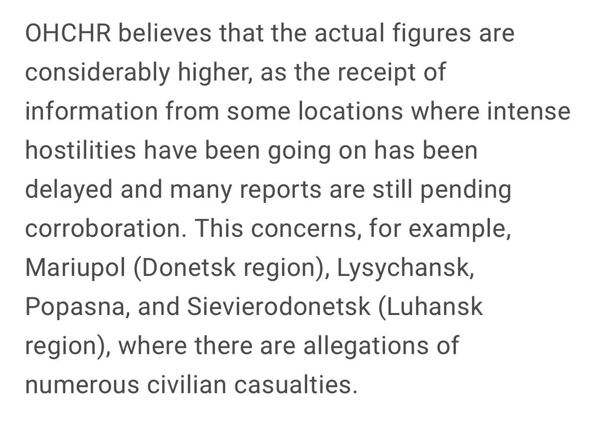 A regular plea to please stop comparing Gaza and Ukraine UN casualty statistics. In Ukraine the UN acknowledges that it’s only reporting a fraction of the true toll as it has no access to the places where the worst slaughter happened, like Mariupol, where at least 25,000 died.