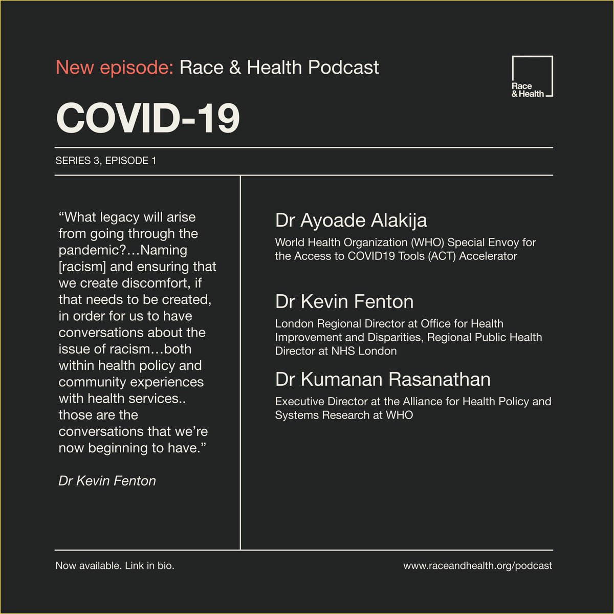 Race & Health (@raceandhealth) on Twitter photo Series 3 of the R&H Podcast is officially in motion!
In partnership with <a href="/TheLancet/">The Lancet</a>, Series 3 will unpack themes from the Lancet Series. Listen to Ep. 1, COVID-19 now, featuring <a href="/yodifiji/">Dr. Ayoade Alakija @yodifiji.bsky.social</a> <a href="/ProfKevinFenton/">Kevin Fenton</a> and <a href="/KumananKR/">Kumanan | A&M Crypto</a>. Want to know more? Read the Series. Links are in our bio. Series 3 of the R&H Podcast is officially in motion!
In partnership with <a href="/TheLancet/">The Lancet</a>, Series 3 will unpack themes from the Lancet Series. Listen to Ep. 1, COVID-19 now, featuring <a href="/yodifiji/">Dr. Ayoade Alakija @yodifiji.bsky.social</a> <a href="/ProfKevinFenton/">Kevin Fenton</a> and <a href="/KumananKR/">Kumanan | A&M Crypto</a>. Want to know more? Read the Series. Links are in our bio.
