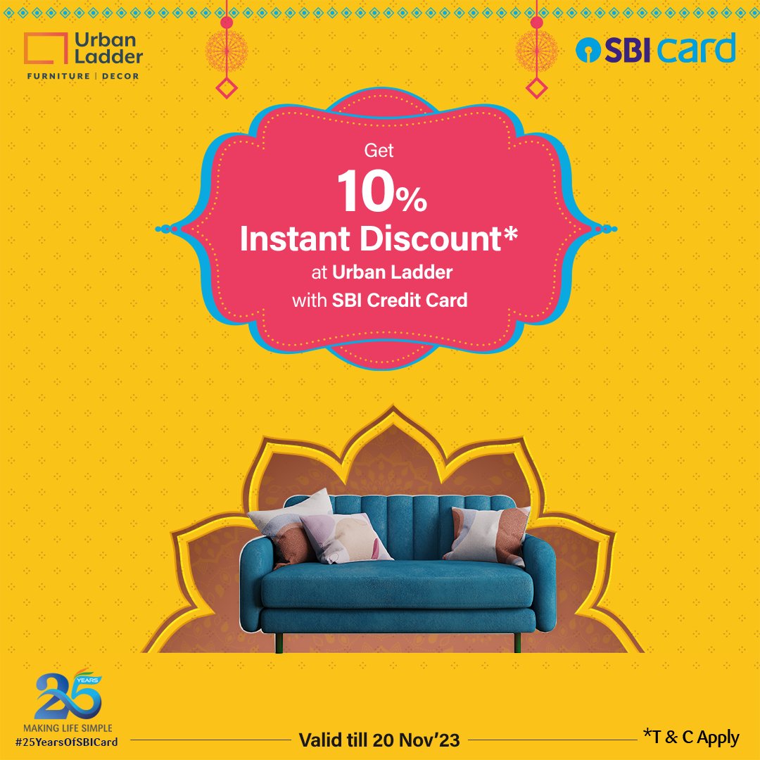 SBICard_Connect's tweet photo. Get 10% Instant Discount* at Urban Ladder with SBI Credit Card.

Valid till 20 Nov’23

Minimum Transaction: Rs 20,000

Maximum Discount per card: Rs 3,500

Know more: https://t.co/u3erG1SK7T

*T&amp;C apply

#SBICard #Discounts #Offers #Deals #Shopping https://t.co/pV8JEBVARe